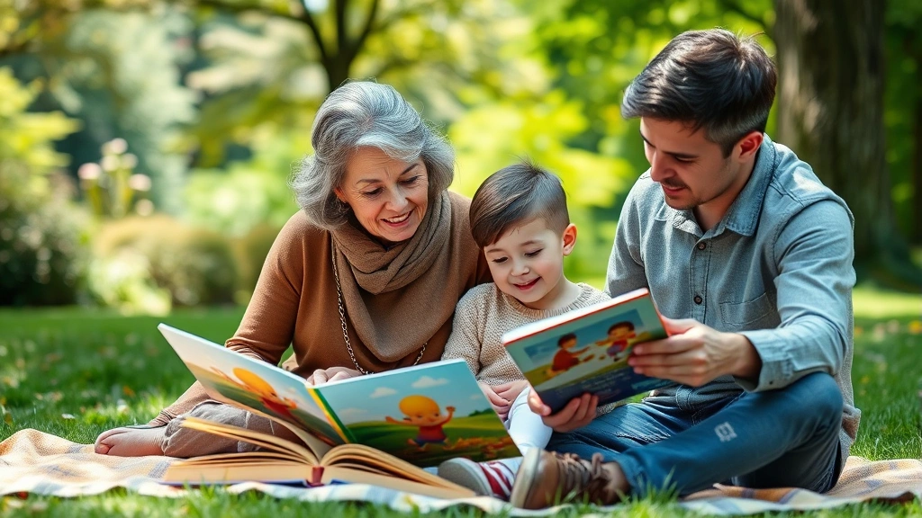 Multi-generational family reading together outdoors in park setting, grandmother, parent, and children with picture books, relaxed natural atmosphere, green environment background, books spread on blanket