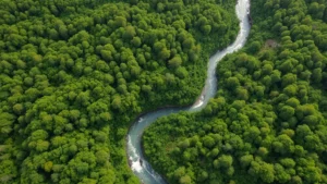 Aerial view of a lush forest ecosystem with winding river, vibrant green canopy, diverse vegetation layers, natural watershed system, pristine wilderness landscape