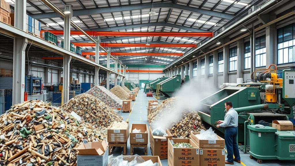 Industrial manufacturing facility with material sorting and recycling operations, workers processing raw materials, circular economy infrastructure, sustainable production technology in action