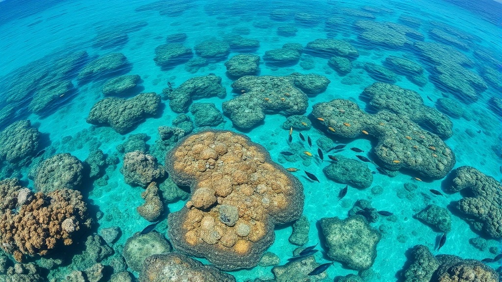 Coastal ecosystem showing healthy coral reef with diverse marine life, clear turquoise water, biodiversity abundance, fish schools, natural marine productivity and ecological balance