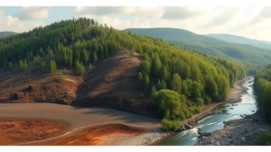 Photorealistic landscape showing environmental degradation: deforested hillside adjacent to healthy forest, barren soil, polluted water stream, no visible text or human presence, natural lighting emphasizing contrast between degraded and pristine ecosystems
