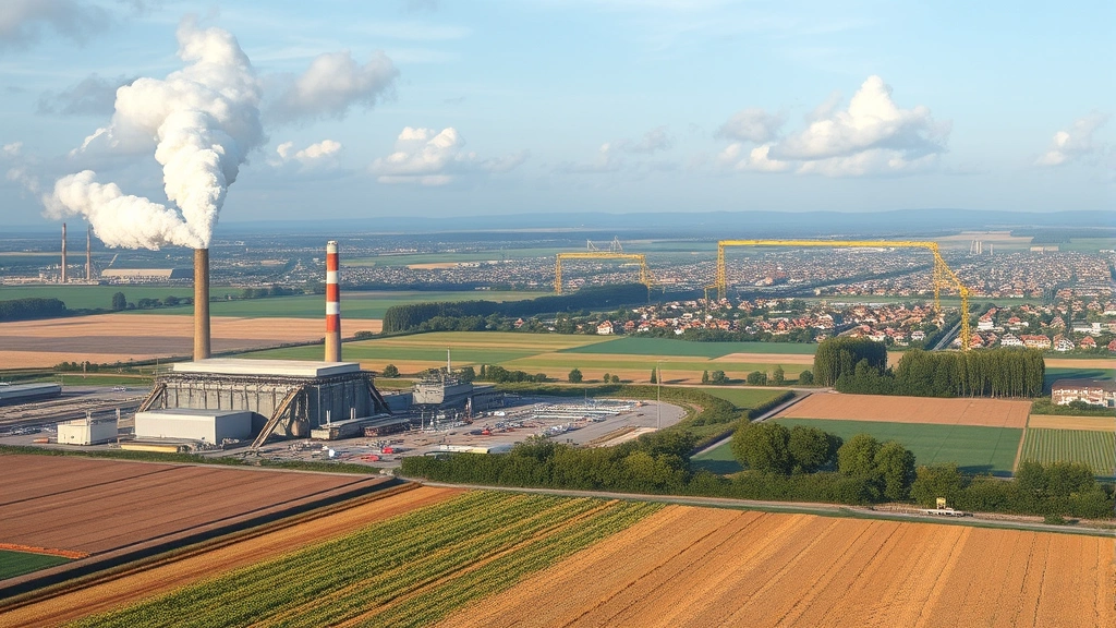 Photorealistic image of industrial facility with visible emissions alongside agricultural cropland and residential area in background, showing environmental impact gradient, natural atmospheric conditions, no labels or text visible