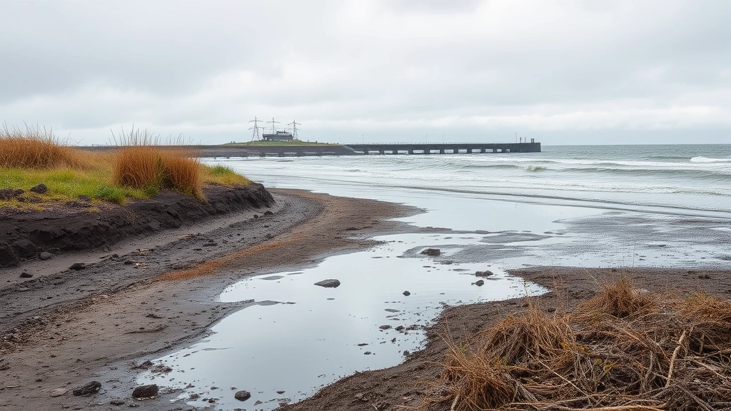 Photorealistic coastal scene showing climate change impacts: eroded shoreline with exposed soil, dead vegetation, rising water level threatening infrastructure in distance, overcast sky, no signage or text, emphasizing environmental hostility