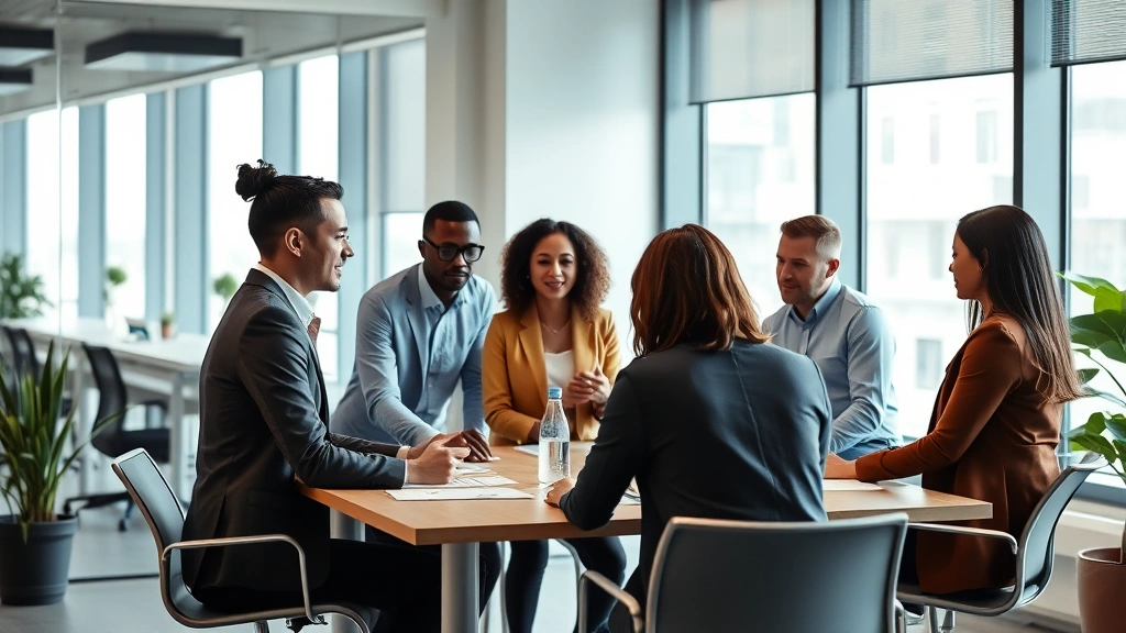 Professional diverse team collaborating in modern office environment with natural light, people engaged in discussion around table, representing psychological safety and respectful workplace culture where harassment does not exist