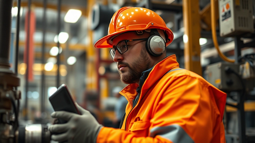 Manufacturing or industrial worker in safety equipment monitoring equipment with focused concentration, representing workplace safety culture and rigorous compliance standards maintained in harassment-free environments