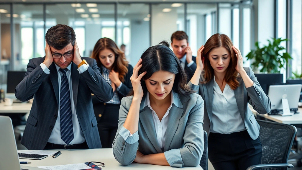 Business professionals in office environment showing stress, tension, and disconnection through body language and facial expressions, representing psychological toll and reduced engagement characteristic of hostile work environments