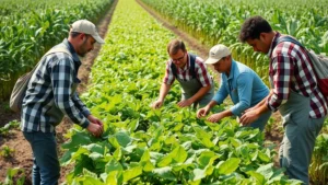 Diverse workers collaborating in sustainable agricultural field with organic crops, green ecosystem, natural lighting, photorealistic, no text visible