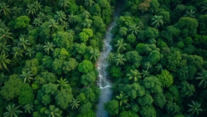 Aerial view of pristine rainforest canopy with river winding through dense green vegetation, showing untouched ecosystem biodiversity and natural water systems in tropical region
