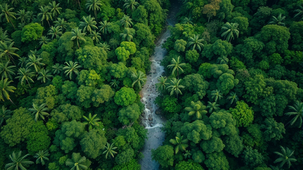 Aerial view of pristine rainforest canopy with river winding through dense green vegetation, showing untouched ecosystem biodiversity and natural water systems in tropical region
