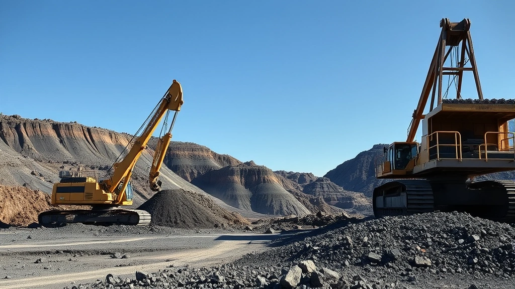 Industrial mining operation with large excavators removing earth and ore, showing stark contrast between extraction machinery and barren landscape, demonstrating resource depletion impact