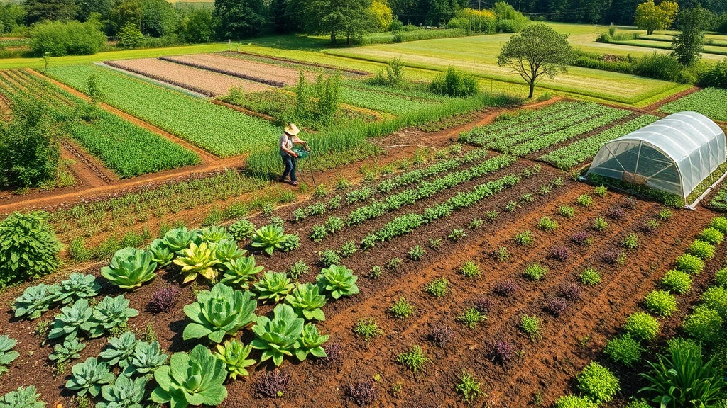 Thriving regenerative farm with diverse crops, native plants, and healthy soil, showing restored ecosystem with farmer tending sustainable agriculture system, representing alternative economic models