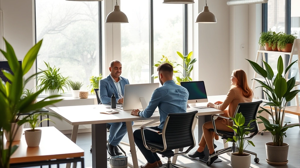 Professional office environment with diverse employees collaborating peacefully at shared workspace, natural sunlight streaming through windows, plants and modern furniture creating welcoming atmosphere, no visible text or charts, photorealistic high-quality image showing healthy workplace dynamics