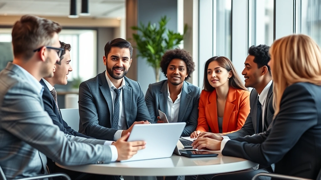 Business professionals in modern office space engaged in inclusive meeting discussion, showing respectful communication and active listening, diverse group composition, natural office environment with technology, no visible text or presentation materials, photorealistic image of positive workplace culture and collaboration