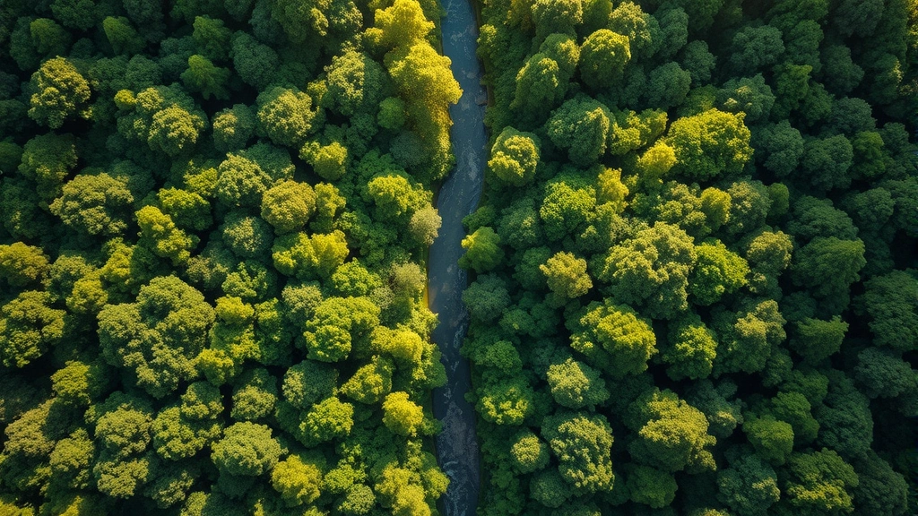 Photorealistic aerial view of lush green forest canopy with winding river, sunlight filtering through leaves, diverse tree species creating natural patchwork pattern