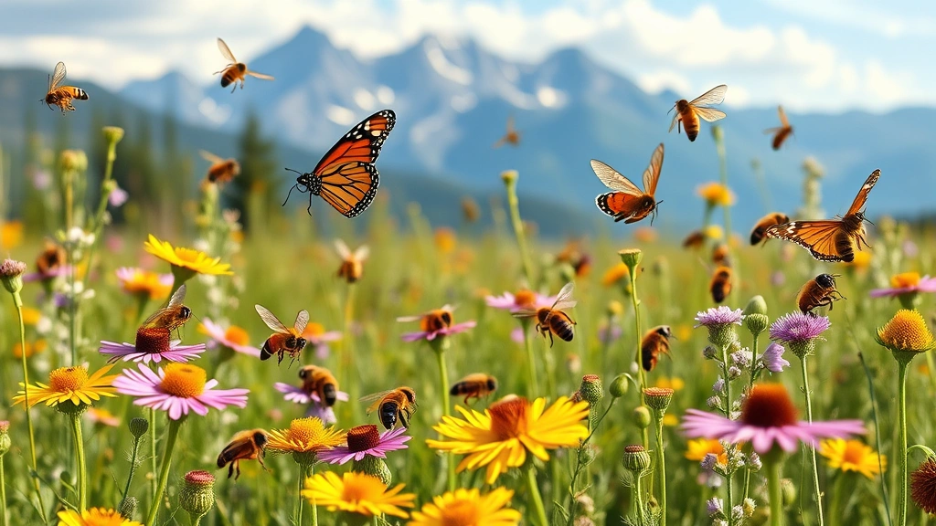 Photorealistic image of diverse pollinator ecosystem - honeybees, butterflies, and native bees on wildflower meadow with mountains in background, vibrant natural colors
