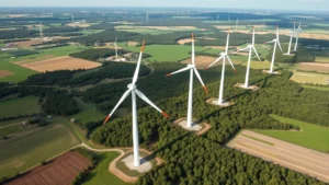 Aerial view of wind turbines in a green landscape with farmland and forests, showing renewable energy infrastructure integrated with natural ecosystems, photorealistic, natural lighting, no text