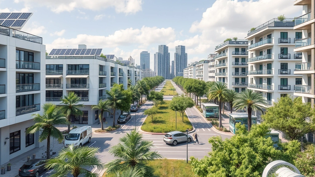 Modern sustainable city with solar panels on buildings, electric vehicles charging, green spaces, and urban forests, photorealistic daytime scene, no text or charts