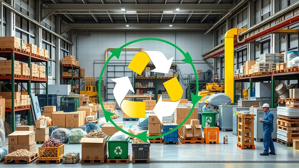 Circular economy diagram visualization as physical scene: recycling facility with sorted materials, remanufactured products, and workers, showing resource flow and regeneration, photorealistic industrial setting, no text