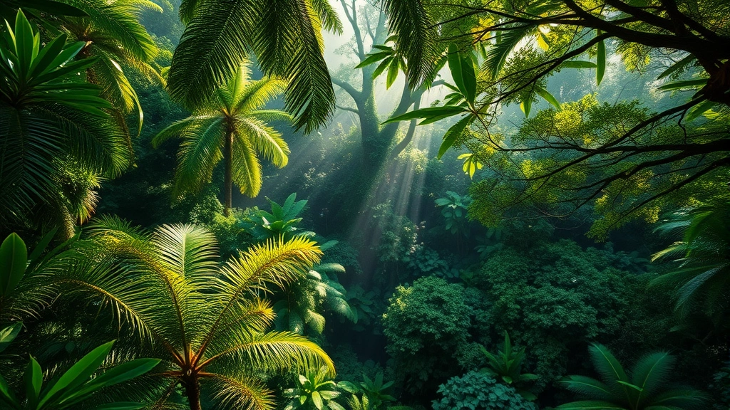 Lush tropical rainforest canopy with sunlight filtering through dense vegetation, aerial perspective showing biodiversity and interconnected ecosystems