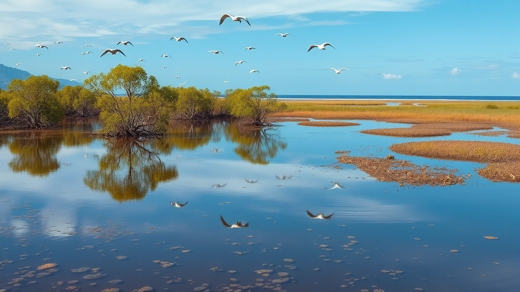 Wetland landscape with mangrove trees reflected in clear water, birds flying overhead, salt marshes meeting ocean horizon demonstrating coastal ecosystem productivity