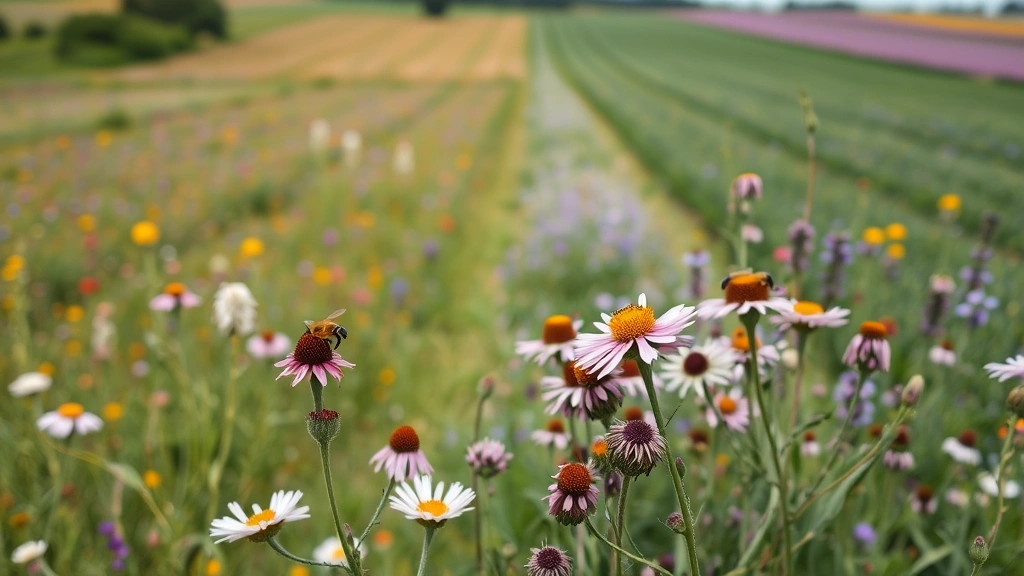 Diverse agricultural landscape with wildflower corridors between crop fields, honeybees pollinating flowers in foreground, sustainable farming ecosystem integration