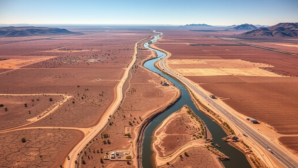 Aerial view of California Central Valley during severe drought with dried irrigation canals, cracked earth, and sparse vegetation under bright sunlight, photorealistic landscape photography