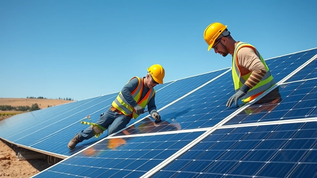 Solar panel installation site in rural California with workers in safety gear installing renewable energy infrastructure against blue sky, showing modern green energy transition, photorealistic industrial photography