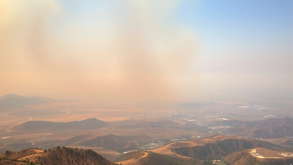Dense wildfire smoke obscuring California valley landscape with mountains barely visible through haze, showing air quality degradation impact on environment and visibility, photorealistic atmospheric photography
