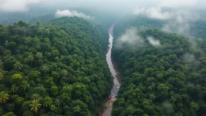 Aerial view of lush tropical rainforest canopy with winding river, morning mist, pristine ecosystem showing biodiversity in natural state