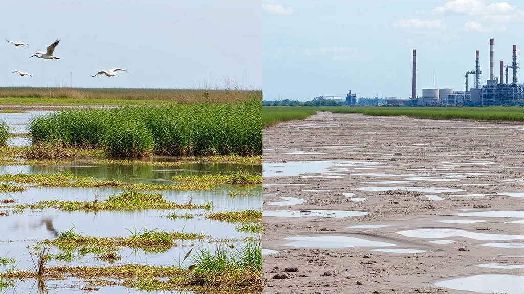 Split-screen comparison: left side healthy wetland ecosystem with water birds and vegetation, right side degraded wetland with exposed mud and industrial pollution