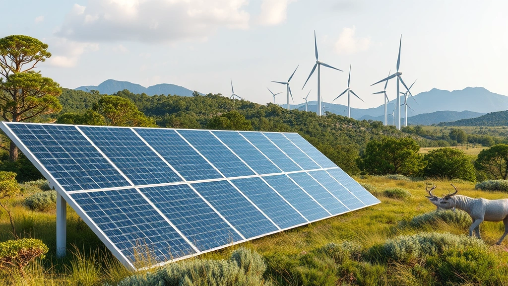 Modern solar panels and wind turbines in natural landscape with native vegetation and wildlife, representing renewable energy integration with ecosystem preservation