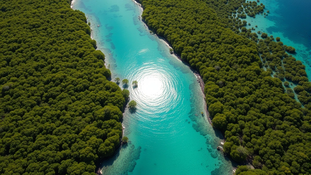 Aerial view of mangrove forests meeting crystal-clear turquoise water in Florida, showing dense green vegetation and shallow coastal ecosystem, golden sunlight reflecting off water surface, no text or labels