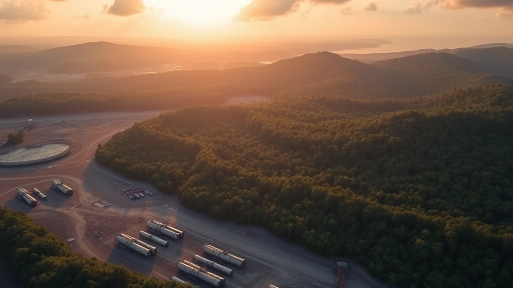 Aerial photograph of vast industrial logging operation with cleared forest sections and remaining dense rainforest creating stark contrast, tropical landscape, morning light