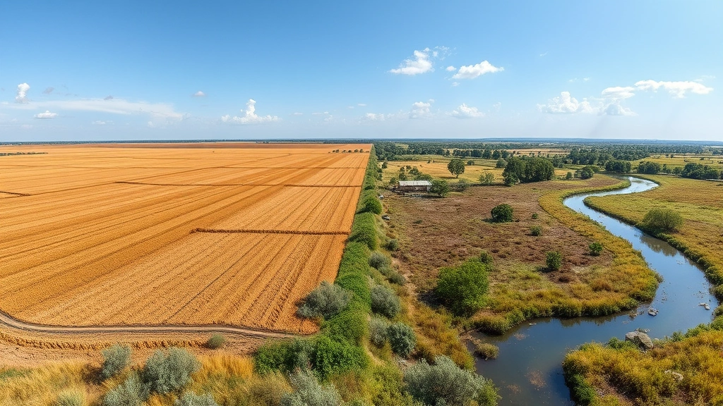Wide landscape showing degraded agricultural monoculture field transitioning to biodiverse natural ecosystem with varied vegetation, wildlife habitats, and water features restored