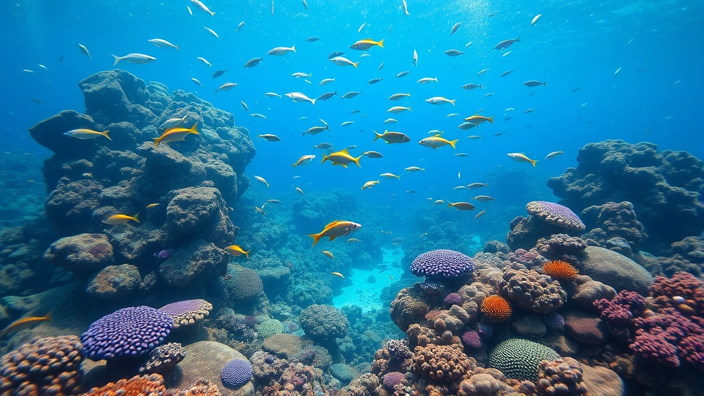 Underwater coral reef ecosystem in vibrant health with diverse fish species, colorful corals, and clear water, showing thriving marine biodiversity and ecosystem function