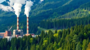 Industrial factory with smoke stacks adjacent to pristine forest ecosystem showing stark contrast between development and nature, realistic photography