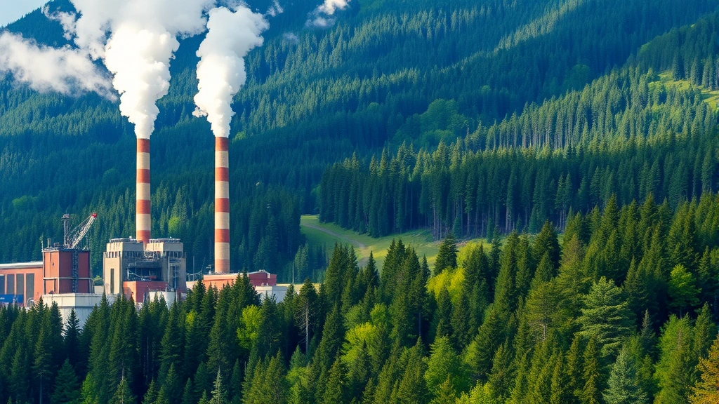 Industrial factory with smoke stacks adjacent to pristine forest ecosystem showing stark contrast between development and nature, realistic photography