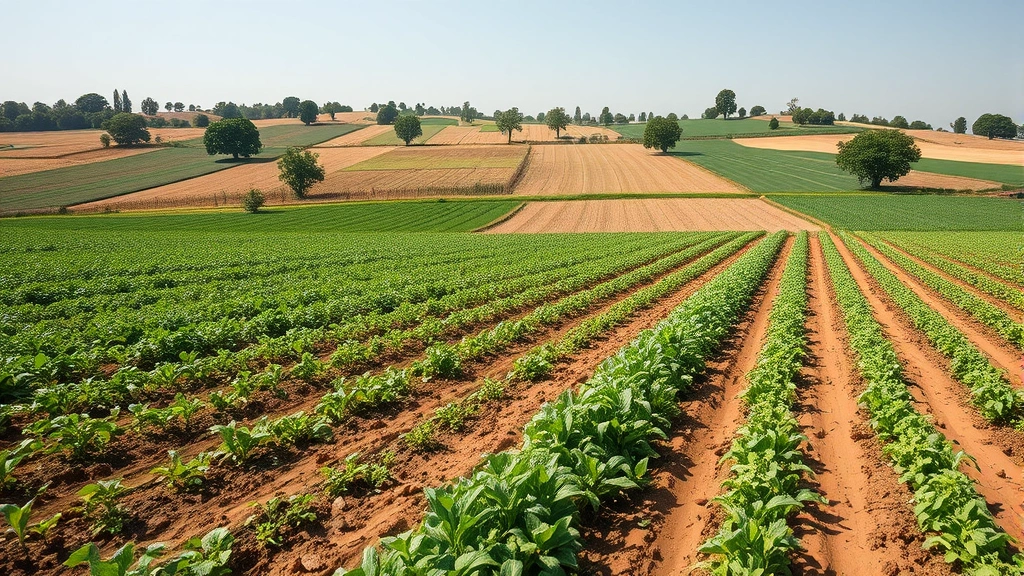 Diverse agricultural landscape showing regenerative farming practices with crop rotation, soil health visible, biodiversity thriving, natural earth tones and green vegetation