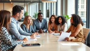 Professional diverse team in modern office discussing respectfully at conference table with natural light, collaborative body language, inclusive environment, no text or charts visible
