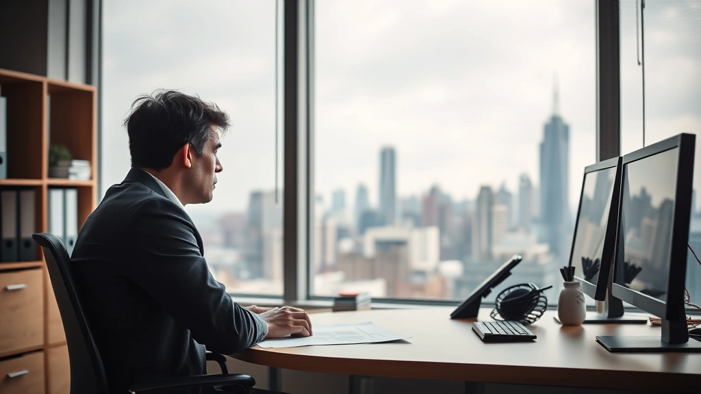 Close-up of employee at desk looking stressed, overlooking city from office window, conveying workplace pressure and isolation, photorealistic office environment, no visible text