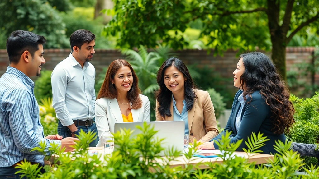Diverse group of professionals in outdoor workspace having positive interaction, natural setting with greenery, demonstrating healthy workplace culture and psychological safety, no text elements
