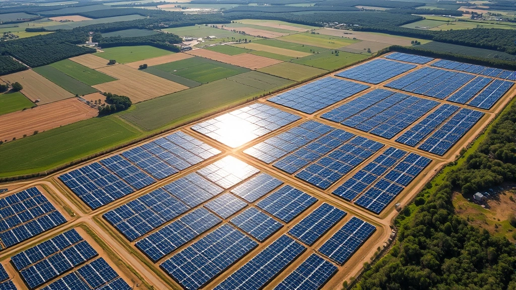 Aerial view of sprawling solar farm with thousands of photovoltaic panels arranged in geometric patterns under bright sunlight, surrounded by green agricultural fields and forested areas, no text or labels visible