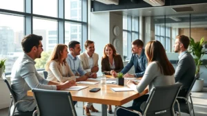 Professional office environment showing diverse employees in collaborative discussion around a conference table with natural light streaming through large windows, representing open communication and psychological safety in modern workplace