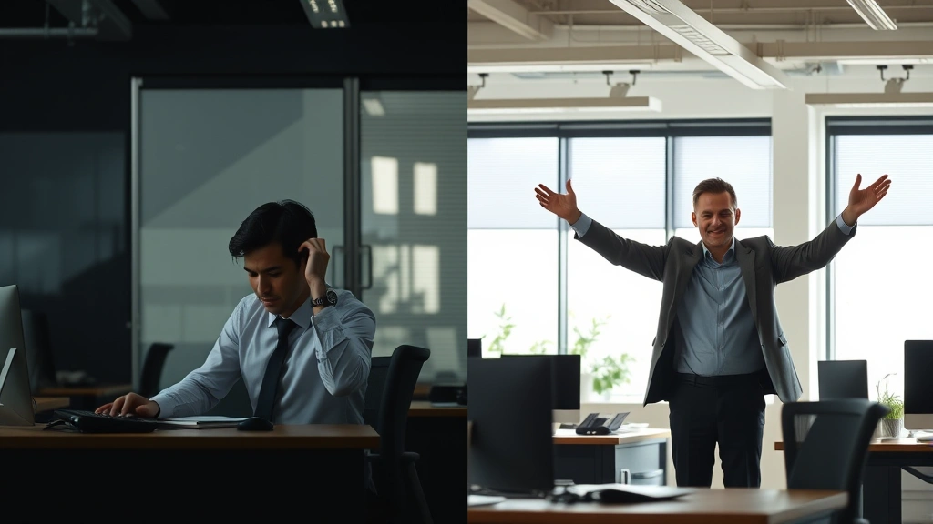 Split-screen comparison: left side showing stressed employee at desk with closed body language and dim lighting; right side showing engaged employee in bright environment with open posture and positive interaction, illustrating workplace culture differences