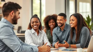 Professional diverse office workers collaborating peacefully at modern workspace with natural lighting, engaged expressions, and healthy body language indicating psychological safety and trust