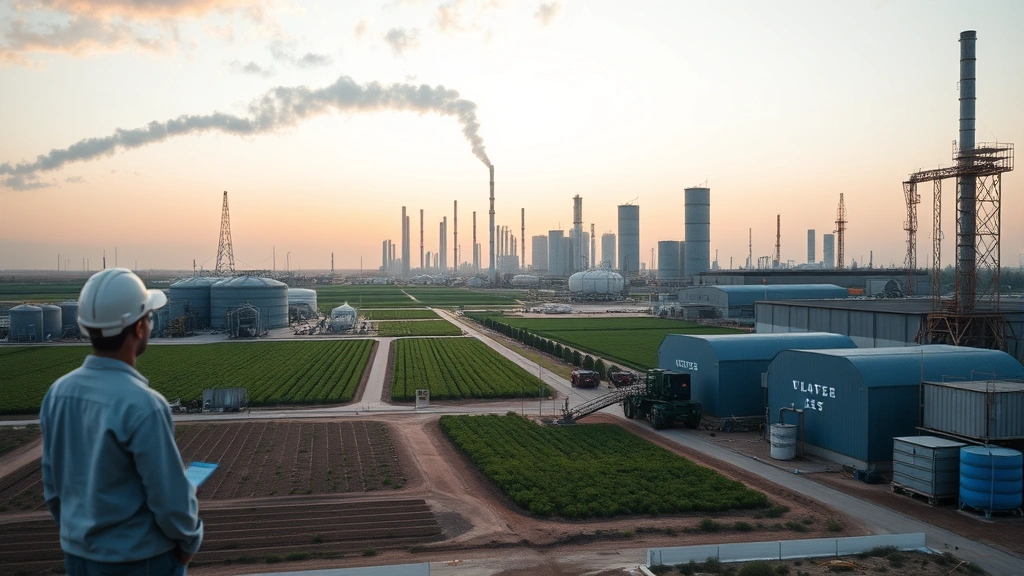 Texas industrial landscape showing energy facilities, agricultural fields, and modern buildings representing diverse sectors, with workers visibly engaged and communicating positively