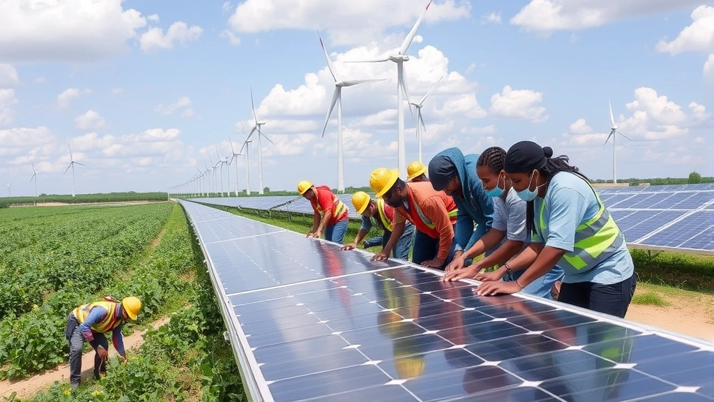 Green renewable energy installation in Texas landscape with diverse workforce actively collaborating on solar panels or wind turbines, demonstrating sustainable economic development and workplace commitment