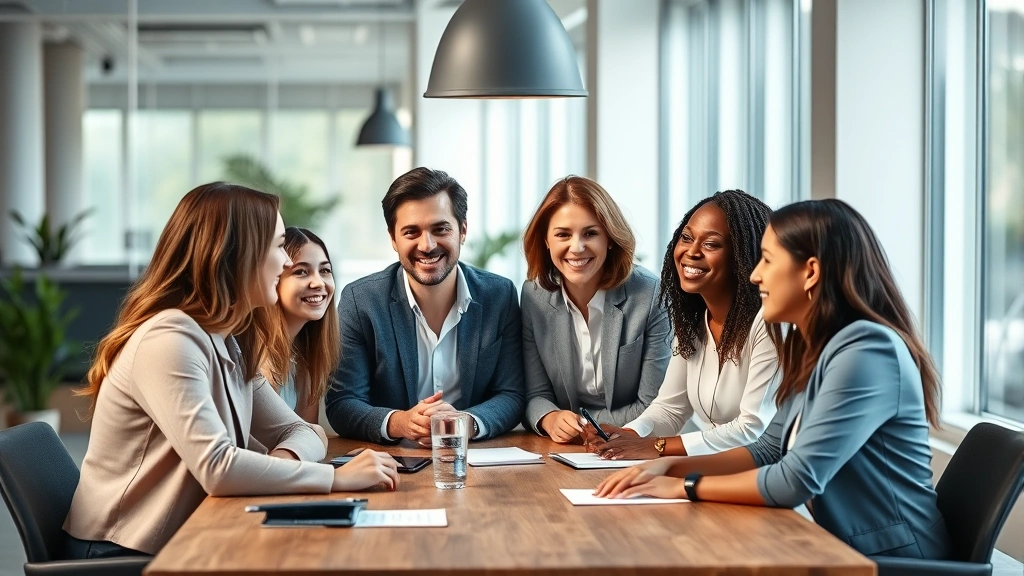 A professional diverse team collaborating at a modern office table with natural lighting, showing inclusive body language and engaged expressions, warm and welcoming atmosphere, no text or labels visible