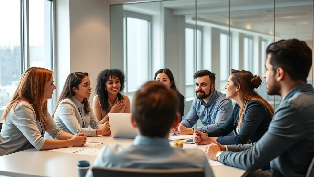 Diverse group of employees in a conference room during what appears to be a training session, with instructor engaging participants, inclusive and professional setting, natural light through windows, collaborative energy visible