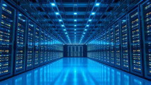 Expansive data center facility with rows of illuminated server racks, cool blue lighting reflecting off metallic surfaces, showcasing the scale of computational infrastructure powering artificial intelligence systems